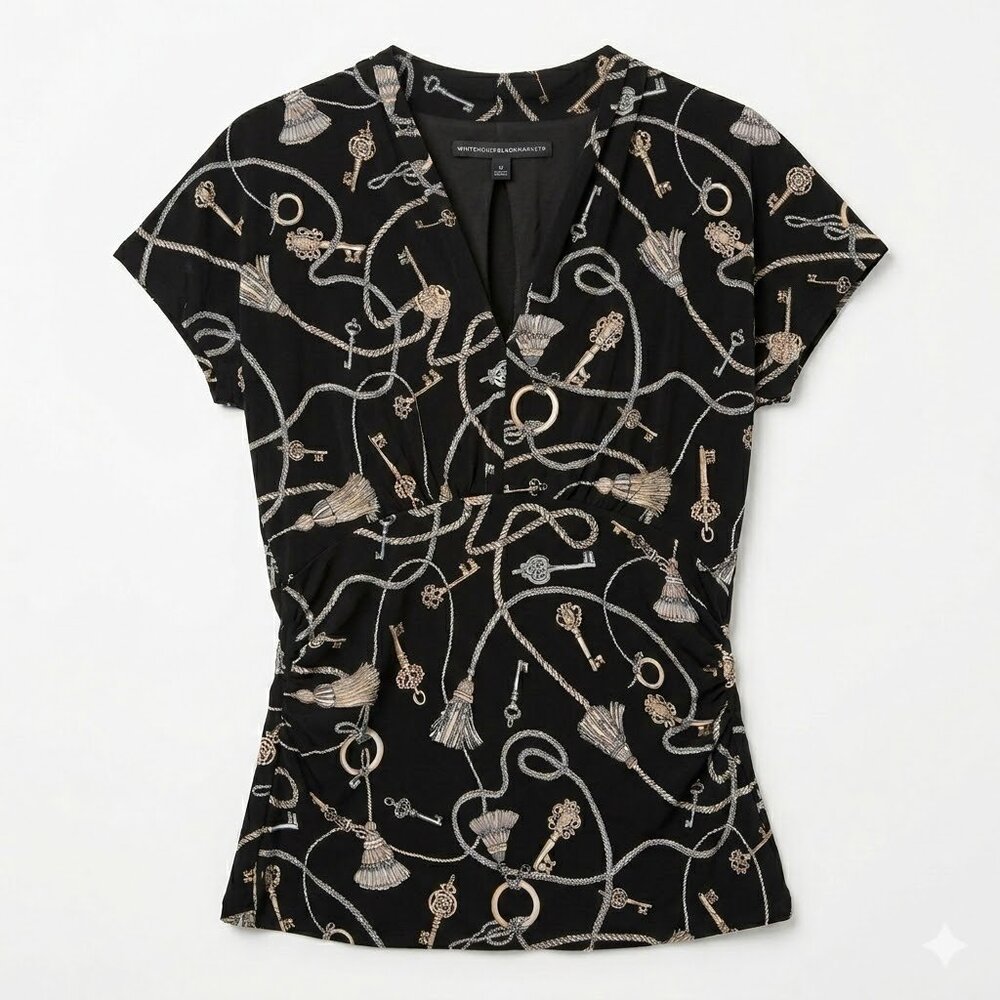 White House Black Market WHBM Womens Medium Key & Tassel Print V-Neck Top